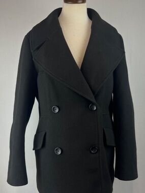 EUC H&M Womens Double Breasted Peacoat Solid Jet Black Mid Length Size Small